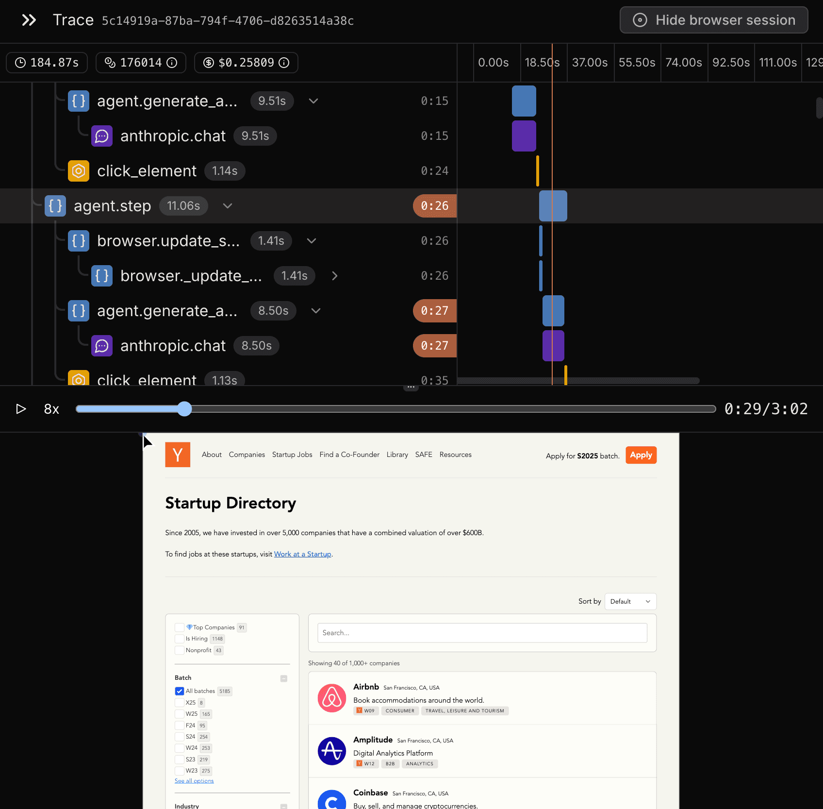 Browser agent observability